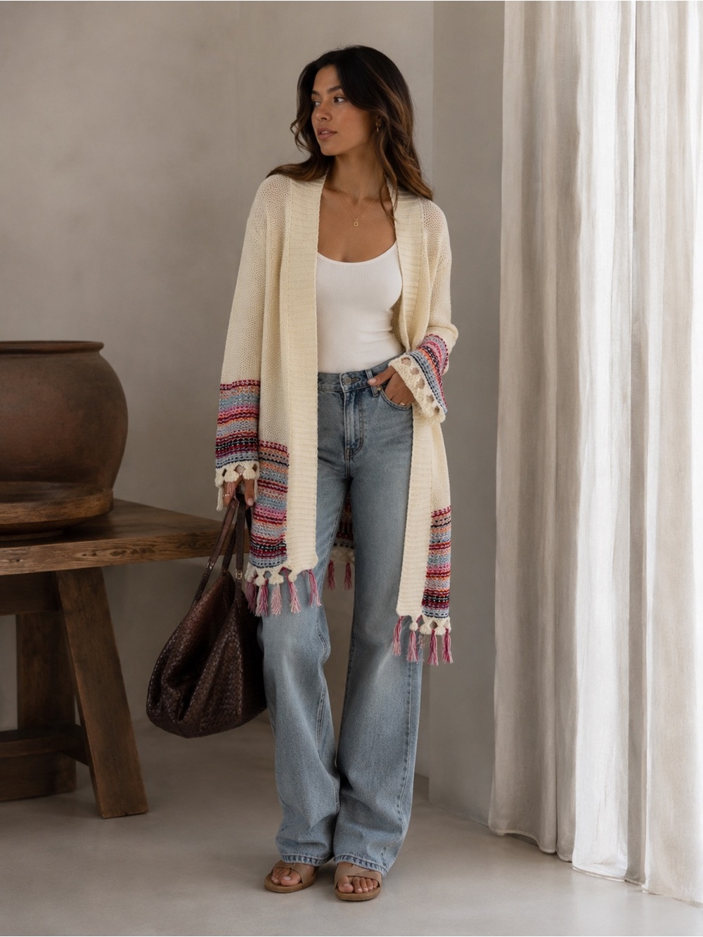 Ardene Cream Knit Cardigan with Tassels Boho Fringe Multicolor Striped - Picture 1 of 8